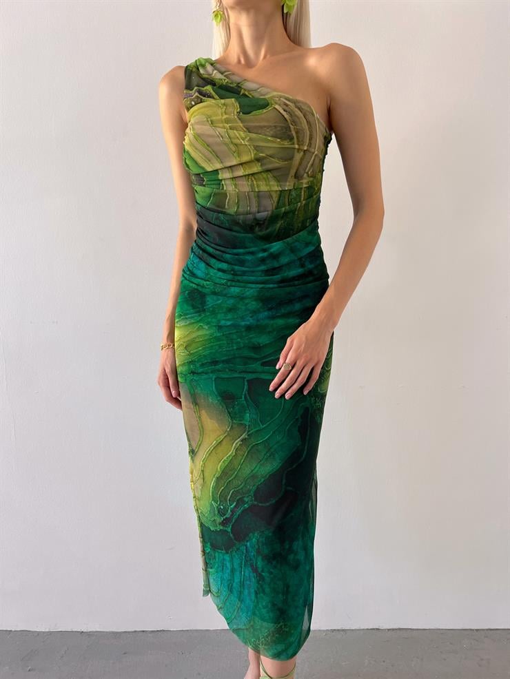 Tek Omuz Drape Detaylı Tül Ayris Kadın Haki Elbise 23Y000569