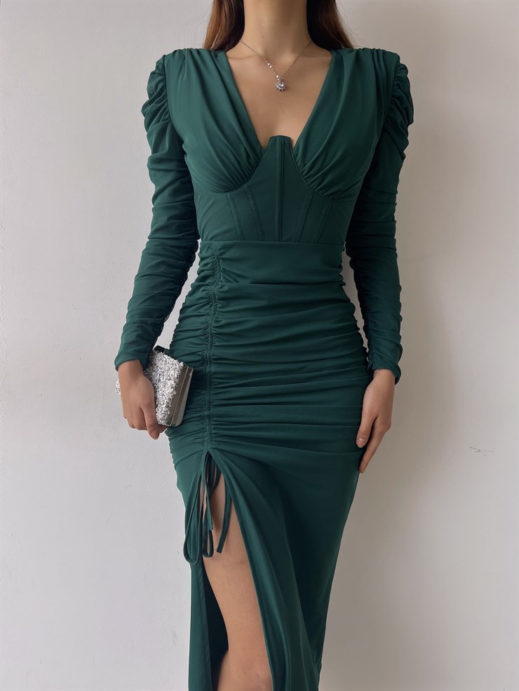 Yırtmaçlı Uzun Kol Drape Detaylı Aysa Kadın Midi Zümrüt Elbise 23K000373