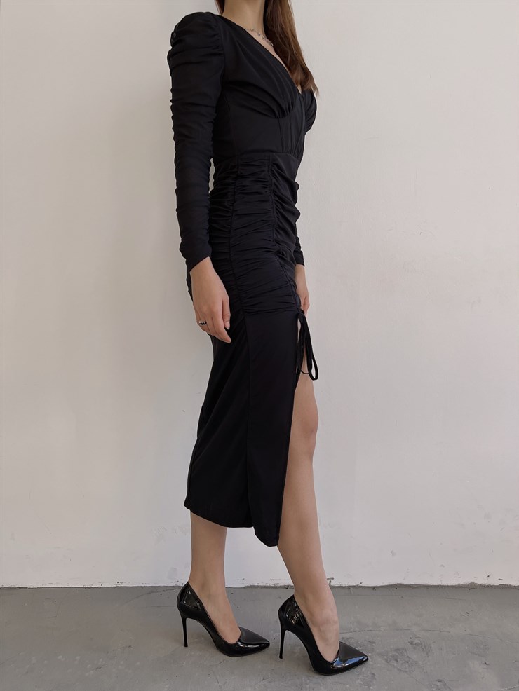 Yırtmaçlı Uzun Kol Drape Detaylı Aysa Kadın Midi Siyah Elbise 23K000373
