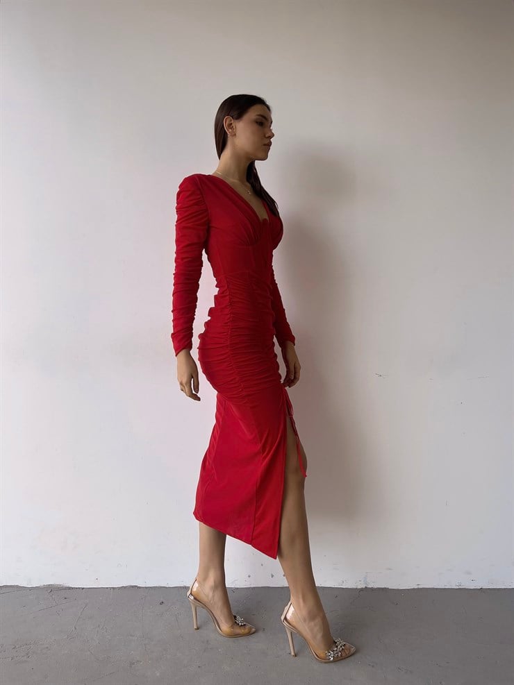 Yırtmaçlı Uzun Kol Drape Detaylı Aysa Kadın Midi Kırmızı Elbise 23K000373