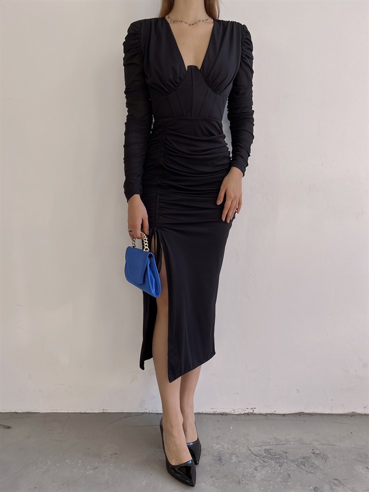 Yırtmaçlı Uzun Kol Drape Detaylı Aysa Kadın Midi Siyah Elbise 23K000373