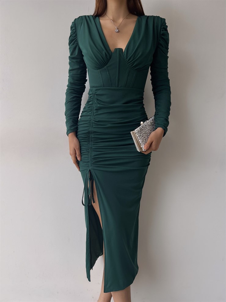 Yırtmaçlı Uzun Kol Drape Detaylı Aysa Kadın Midi Zümrüt Elbise 23K000373