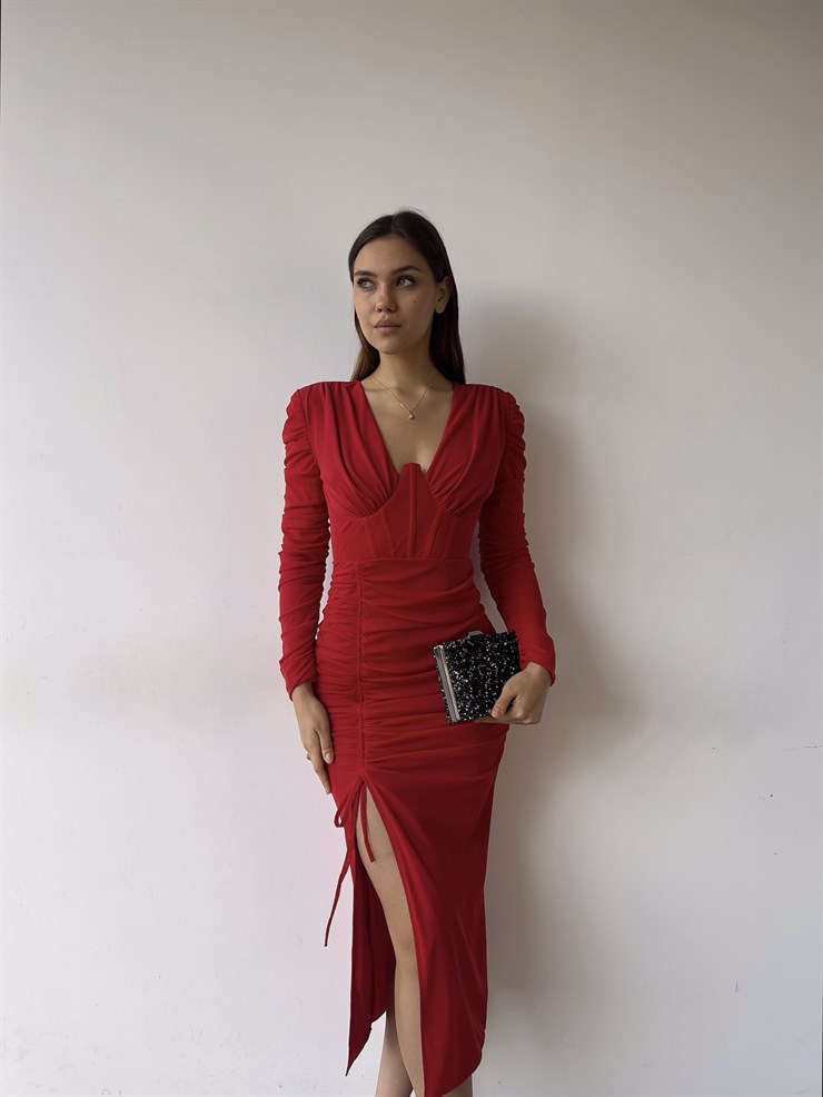 Yırtmaçlı Uzun Kol Drape Detaylı Aysa Kadın Midi Kırmızı Elbise 23K000373
