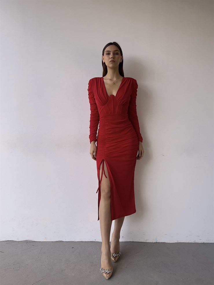 Yırtmaçlı Uzun Kol Drape Detaylı Aysa Kadın Midi Kırmızı Elbise 23K000373