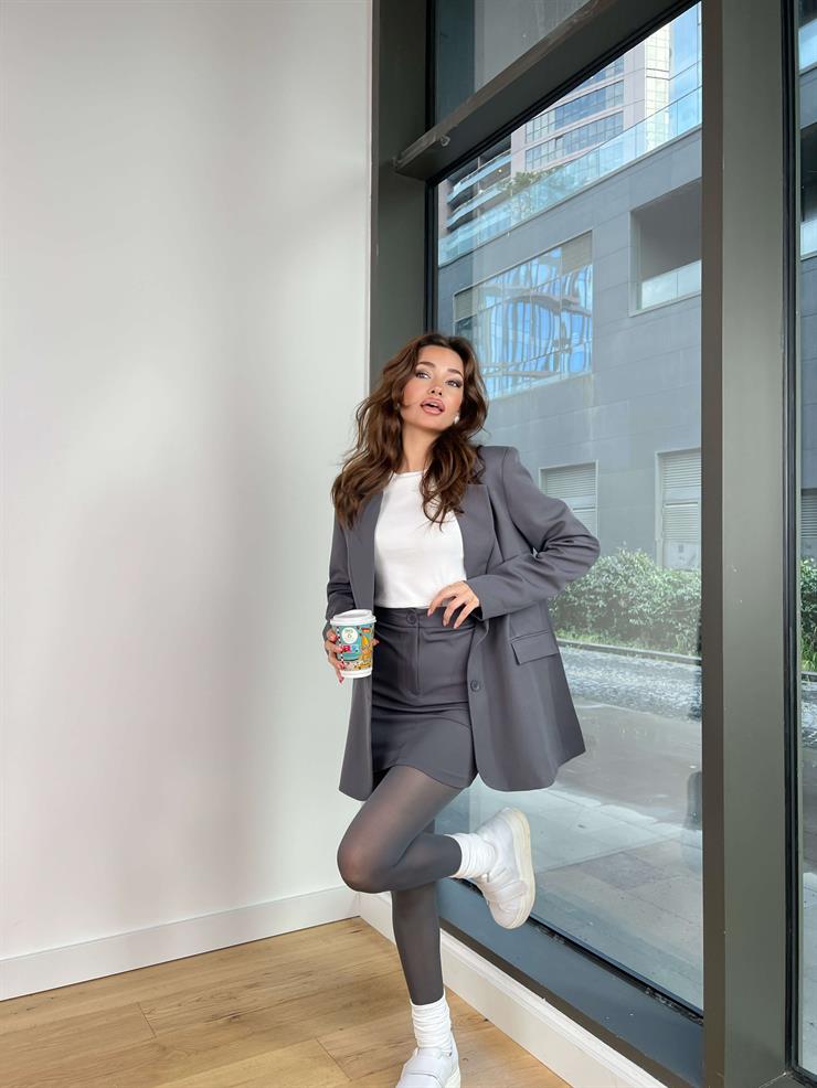Önü Düğme Kapamalı Blazer Ceket Yüksek Bel Mini Etek Azelia Kadın Füme Takım 24Y073