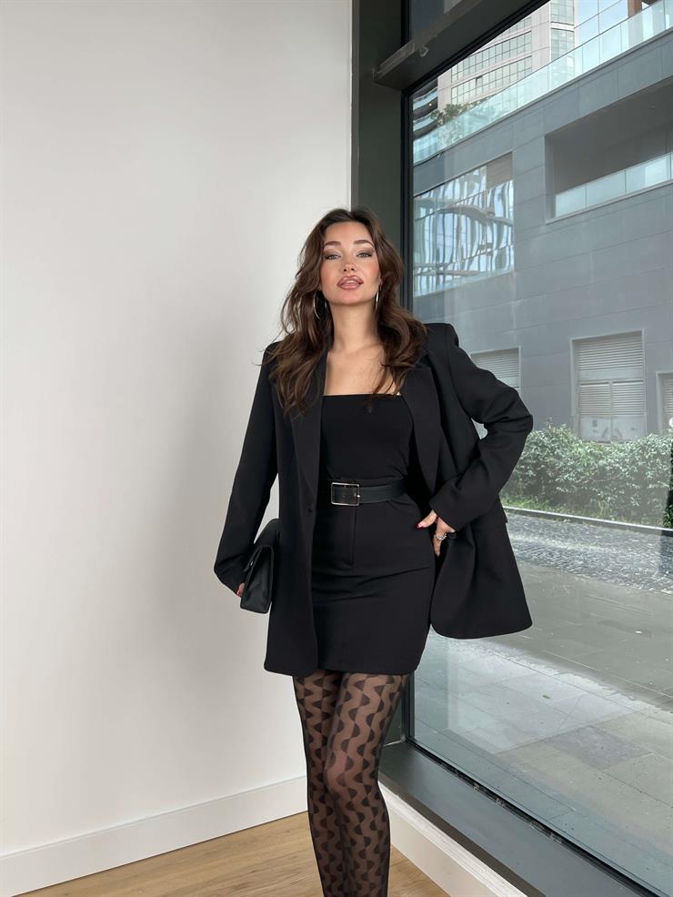 Önü Düğme Kapamalı Blazer Ceket Yüksek Bel Mini Etek Azelia Kadın Siyah Takım 24Y073