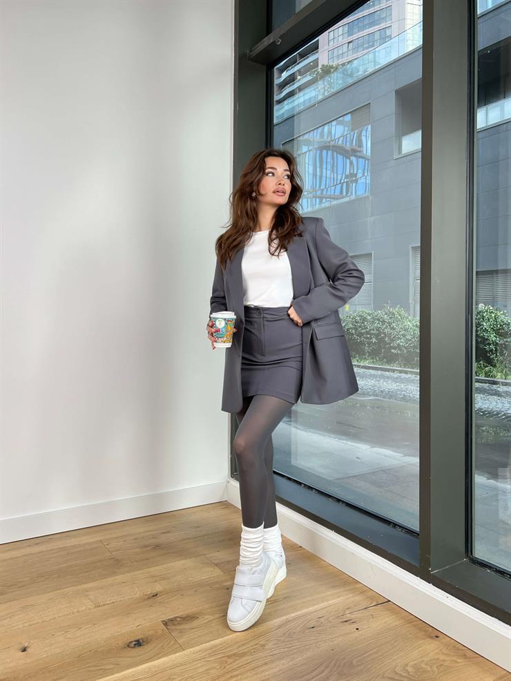 Önü Düğme Kapamalı Blazer Ceket Yüksek Bel Mini Etek Azelia Kadın Füme Takım 24Y073