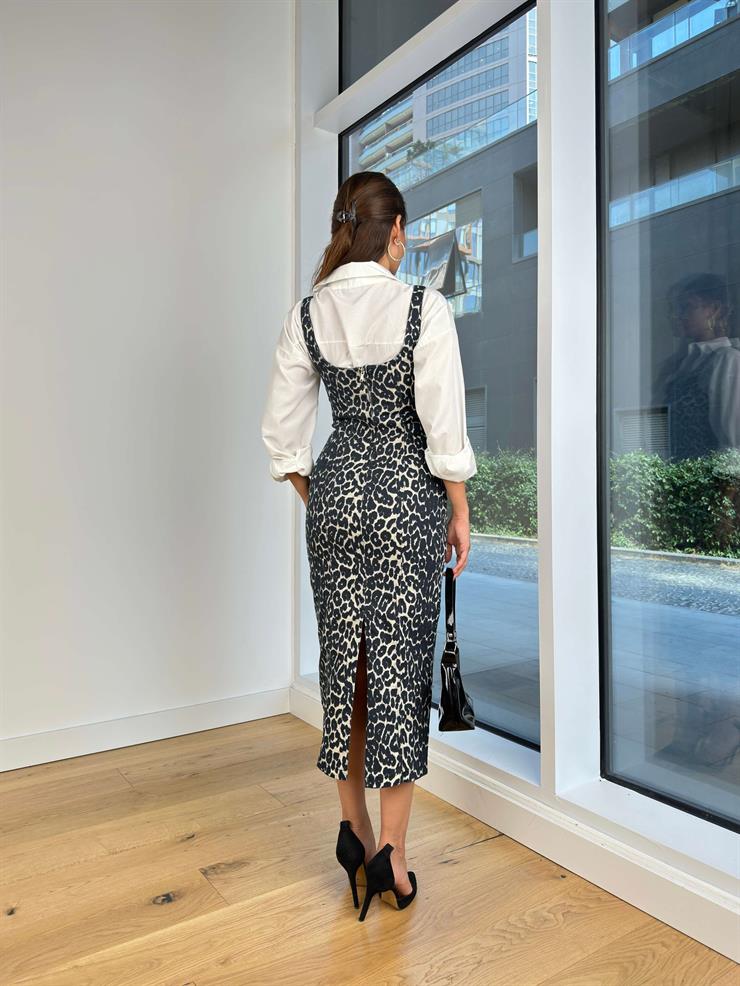 Kalın Askılı Arkası Fermuar Ve Yırtmaçlı Azimute Kadın Leopar Kalem Kot Elbise 24k000165