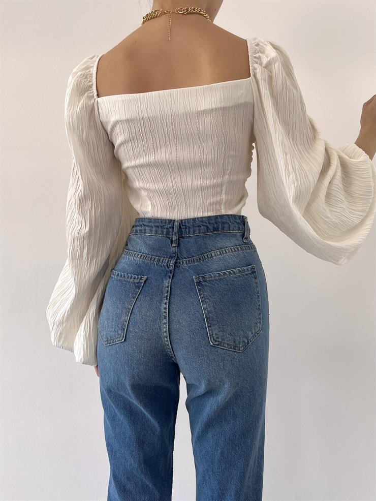 Önü Ayarlanabilir Büzgülü Azul Kadın Beyaz Balon Kol Bluz 23Y000350