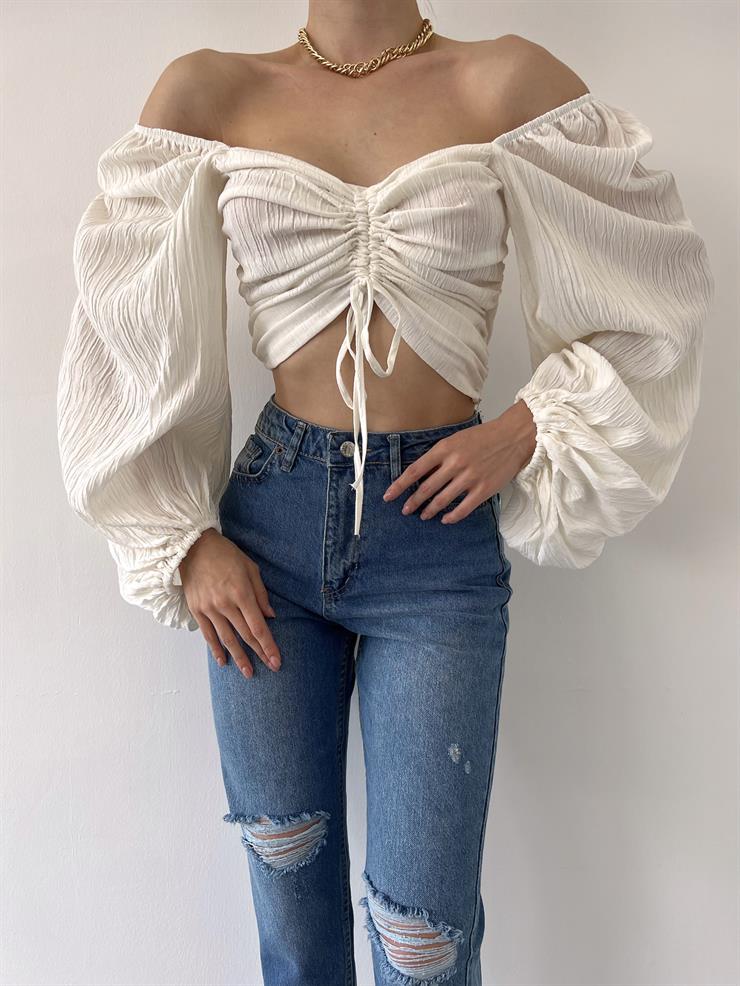 Önü Ayarlanabilir Büzgülü Azul Kadın Beyaz Balon Kol Bluz 23Y000350