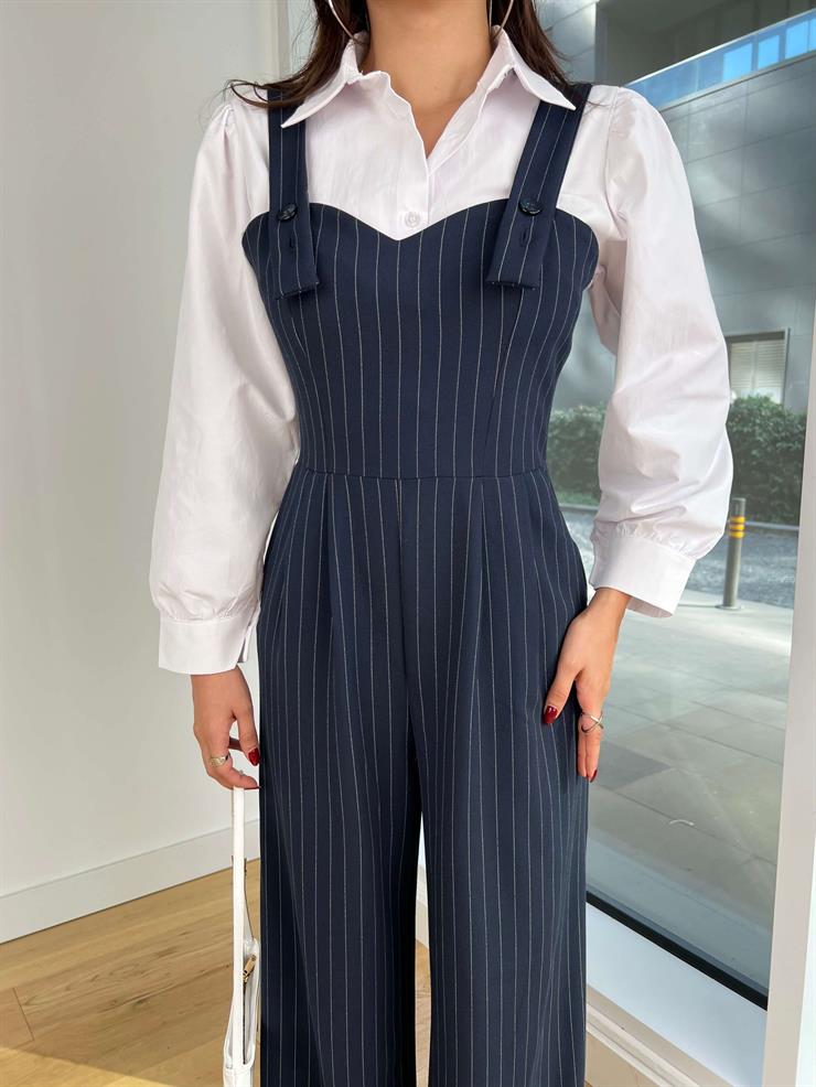 Kalın Askılı Çizgili Bol Paça Baeli Lacivert Kadın Gömlekli Tulum 25K234