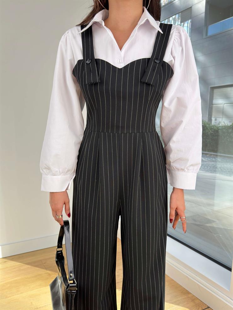 Kalın Askılı Çizgili Bol Paça Baeli Siyah Kadın Gömlekli Tulum 25K234