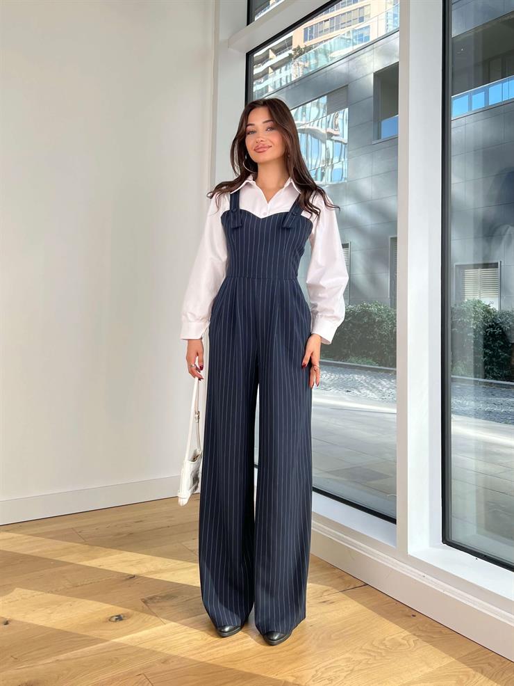 Kalın Askılı Çizgili Bol Paça Baeli Lacivert Kadın Gömlekli Tulum 25K234