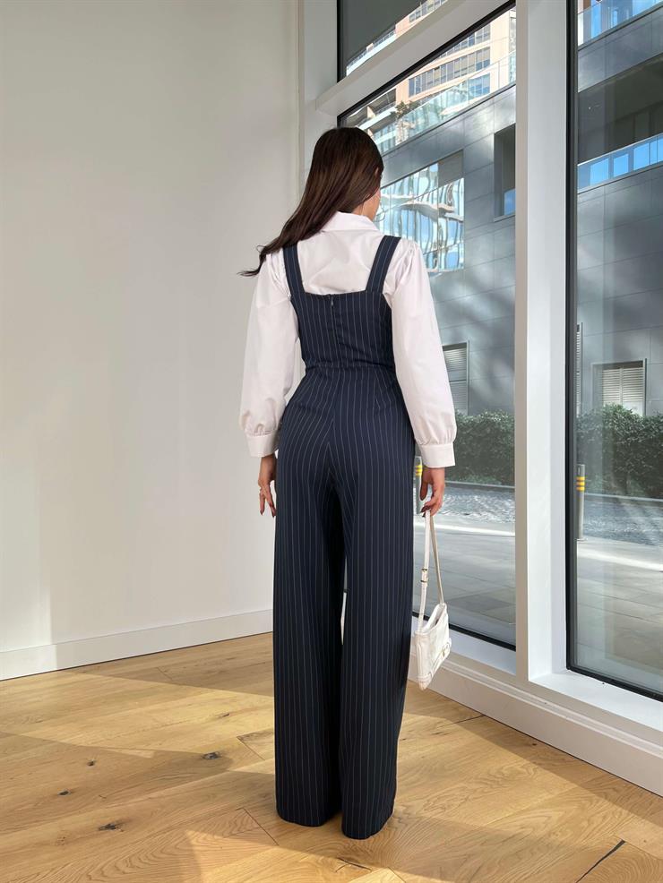 Kalın Askılı Çizgili Bol Paça Baeli Lacivert Kadın Gömlekli Tulum 25K234