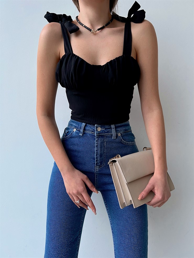 Bağcık Askılı Göğüsü Drape Erica Kadın Siyah Bluz 22K000552