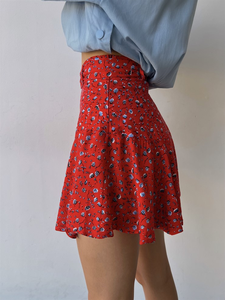 Bağcıklı Çiçek Desenli Kadın Kırmızı Şort Etek 21Y000152