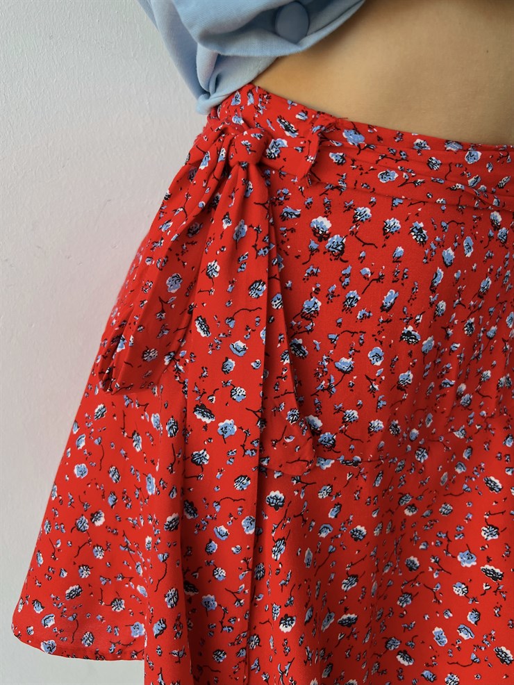 Bağcıklı Çiçek Desenli Kadın Kırmızı Şort Etek 21Y000152