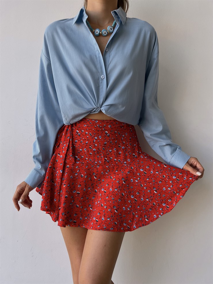 Bağcıklı Çiçek Desenli Kadın Kırmızı Şort Etek 21Y000152