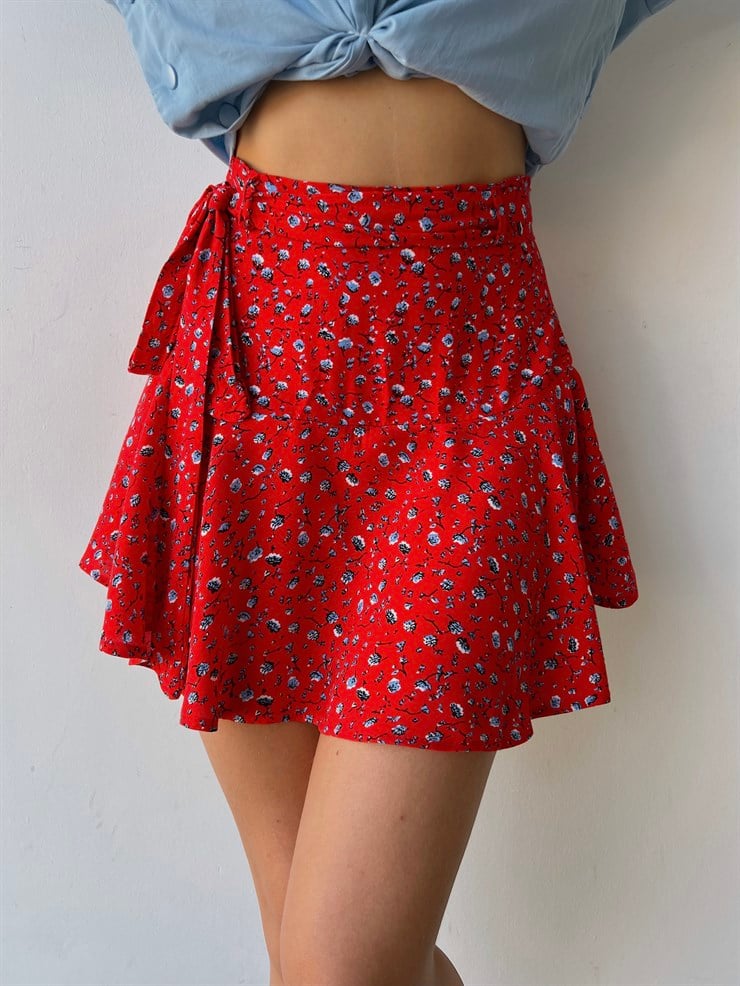 Bağcıklı Çiçek Desenli Kadın Kırmızı Şort Etek 21Y000152