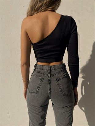 Fitilli Tek Kol Altı Bağlama Detaylı Kadın Siyah Crop Bluz 22K000327