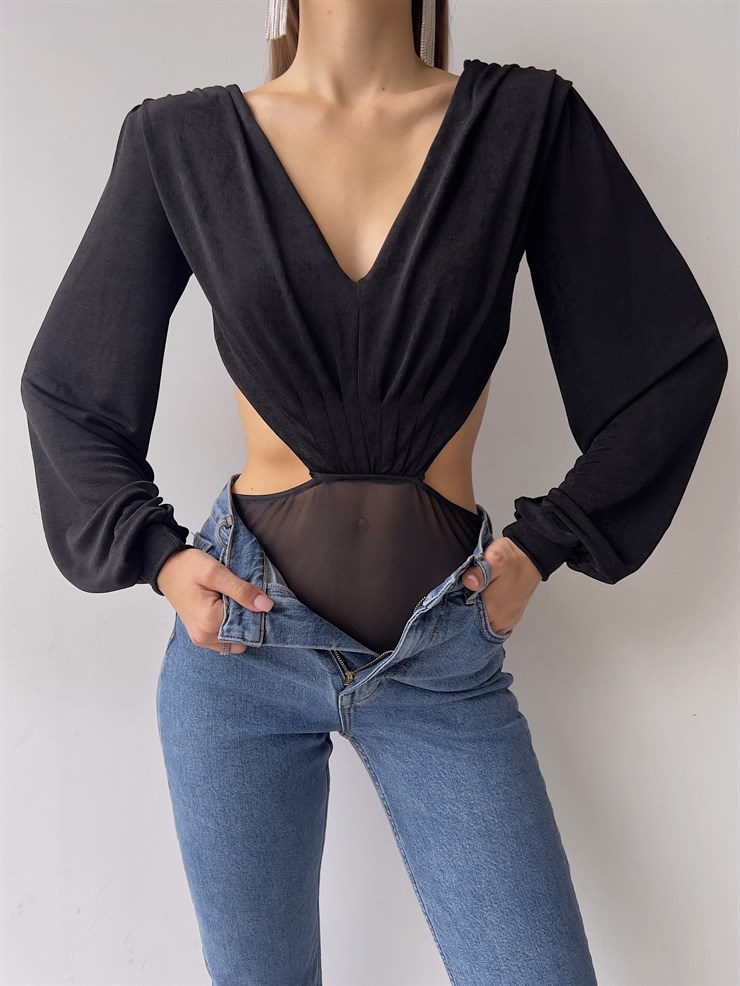 V Yaka Bel Ve Sırt Dekolteli Arkası İp Bağlamalı Uzun Kollu Baker Kadın Siyah Bodysuit 23K000223