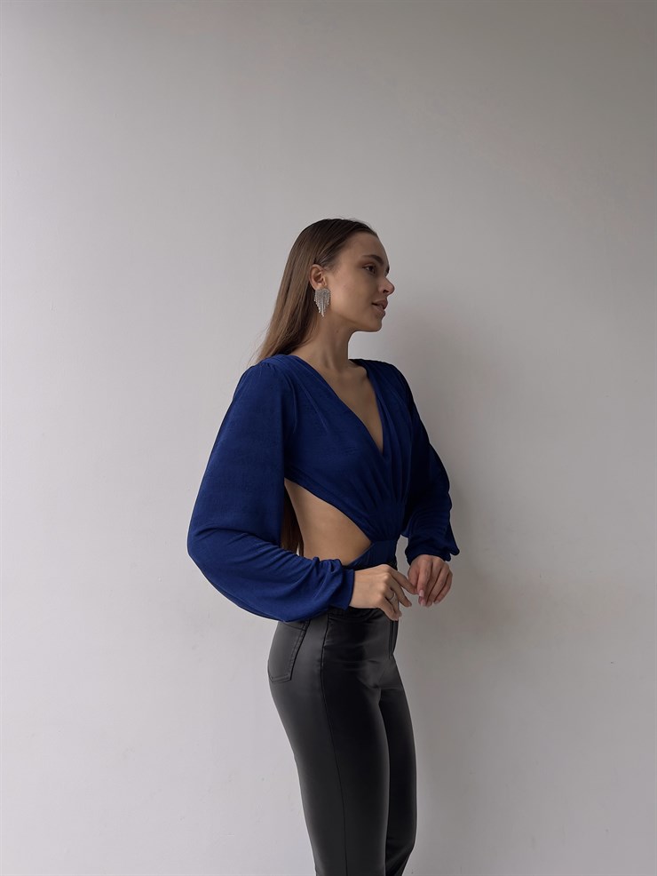 V Yaka Bel Ve Sırt Dekolteli Arkası İp Bağlamalı Uzun Kollu Baker Kadın Saks Bodysuit 23K000223