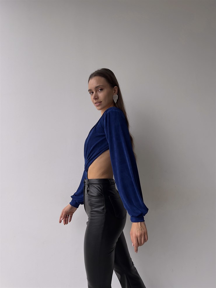 V Yaka Bel Ve Sırt Dekolteli Arkası İp Bağlamalı Uzun Kollu Baker Kadın Saks Bodysuit 23K000223