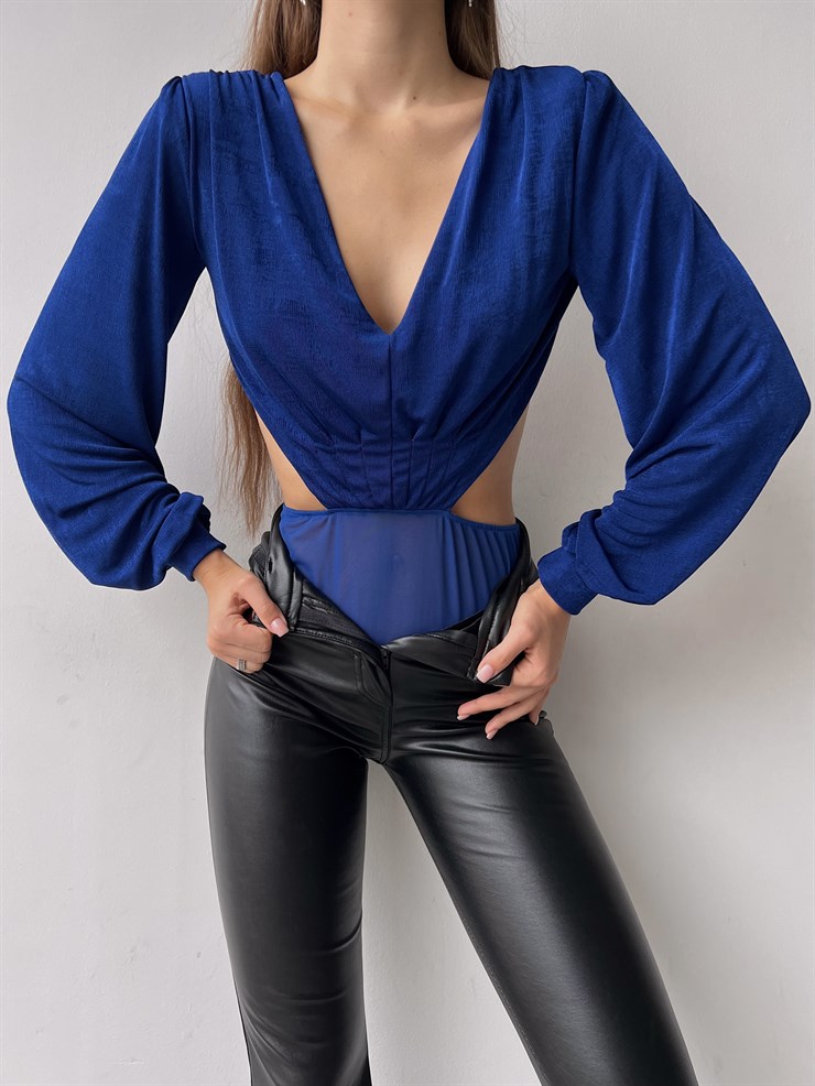 V Yaka Bel Ve Sırt Dekolteli Arkası İp Bağlamalı Uzun Kollu Baker Kadın Saks Bodysuit 23K000223