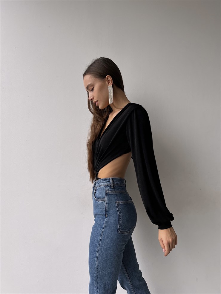 V Yaka Bel Ve Sırt Dekolteli Arkası İp Bağlamalı Uzun Kollu Baker Kadın Siyah Bodysuit 23K000223