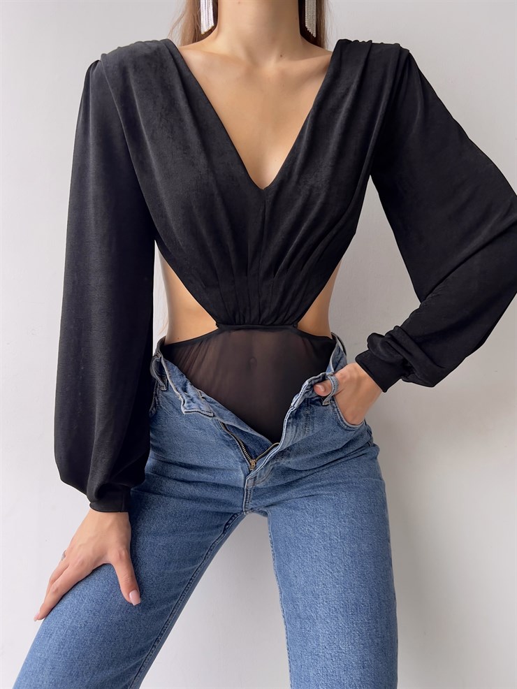 V Yaka Bel Ve Sırt Dekolteli Arkası İp Bağlamalı Uzun Kollu Baker Kadın Siyah Bodysuit 23K000223