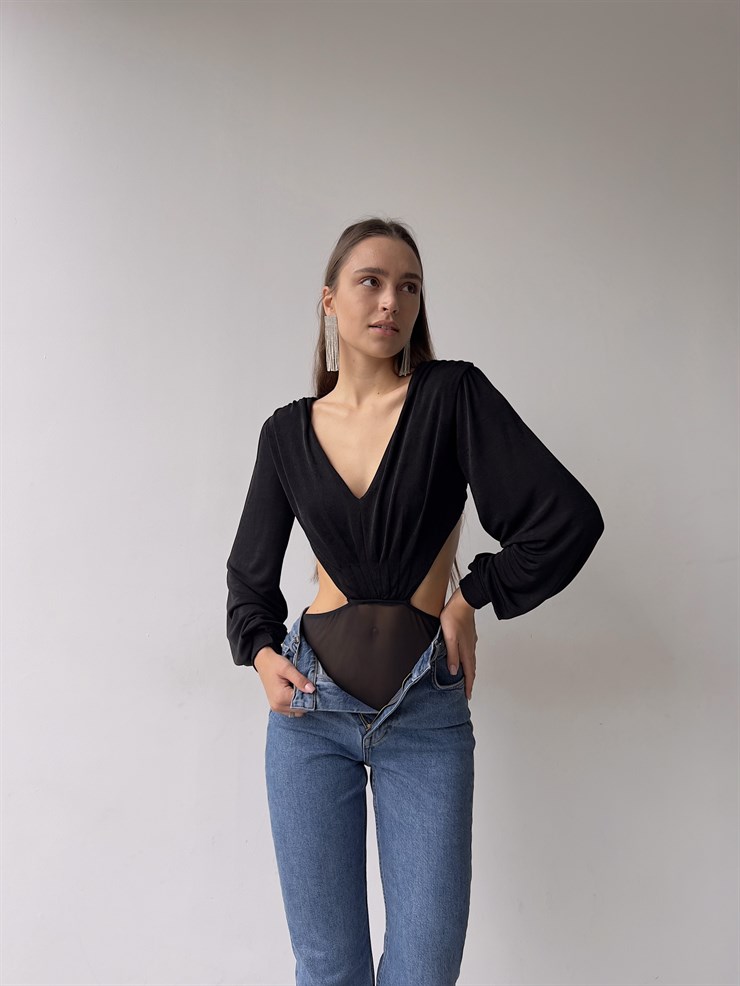 V Yaka Bel Ve Sırt Dekolteli Arkası İp Bağlamalı Uzun Kollu Baker Kadın Siyah Bodysuit 23K000223