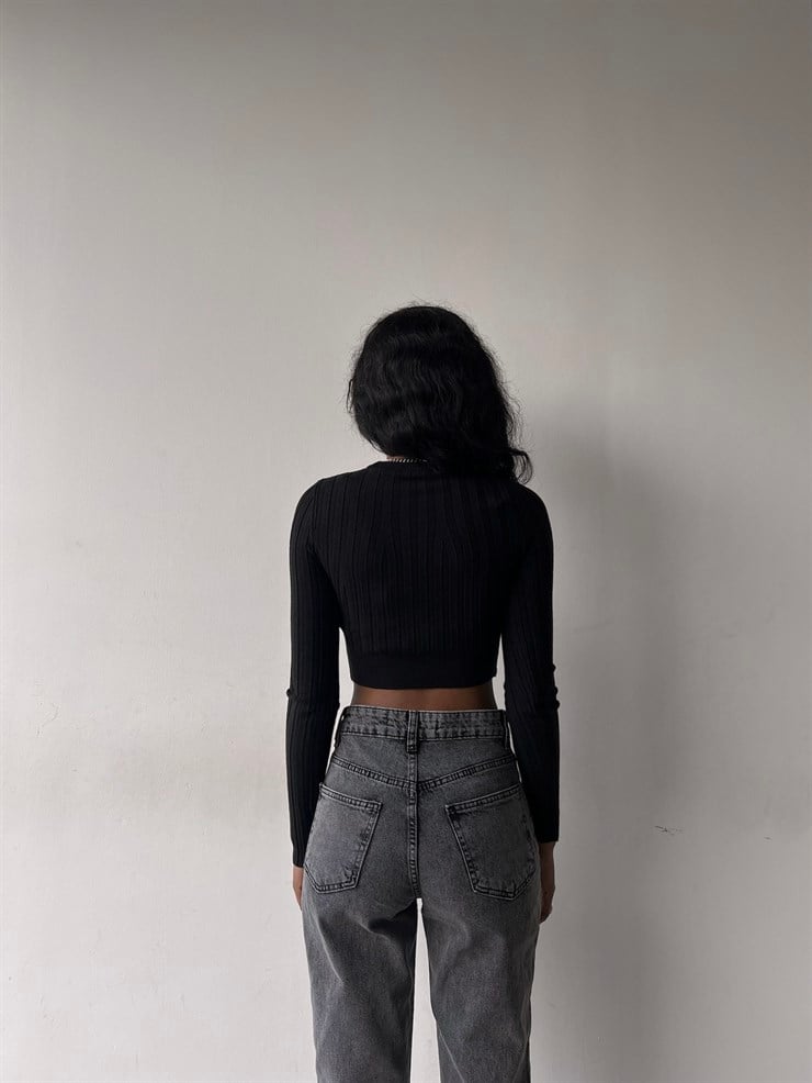 Fitilli Uzun Kol Baldric Kadın Siyah Triko Crop 23K000018