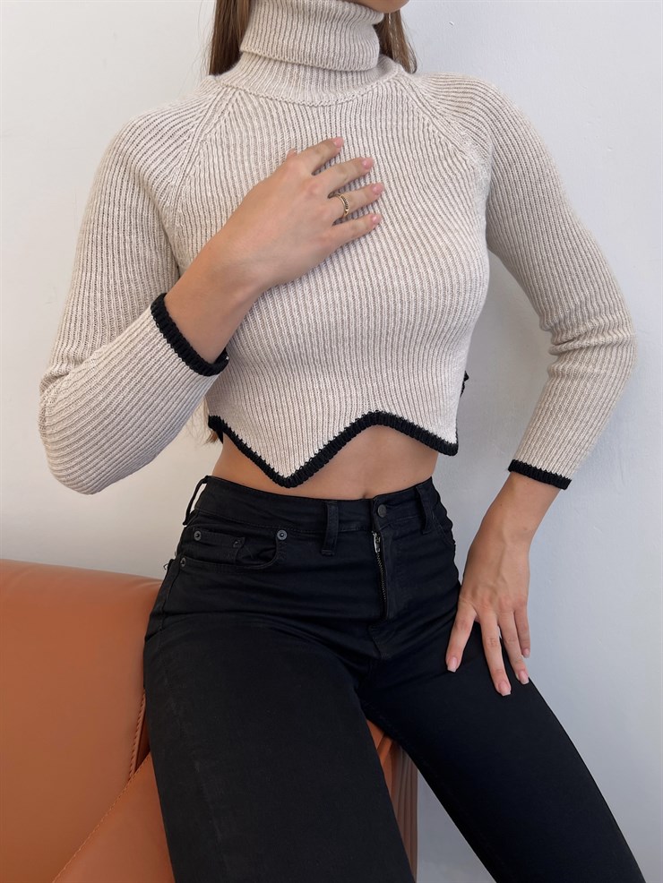 Balıkçı Yaka Bel Detaylı Monica Kadın Taş Crop Kazak 23K000197