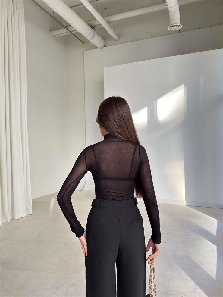 Uzun Kol Transparan Balıkçı Yaka Siyah Kadın Astarsız Bluz 26K358