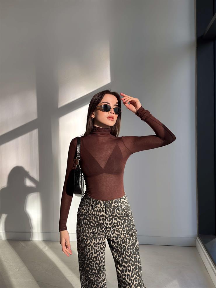 Uzun Kol Transparan Balıkçı Yaka Kahve Kadın Astarsız Bluz 26K358