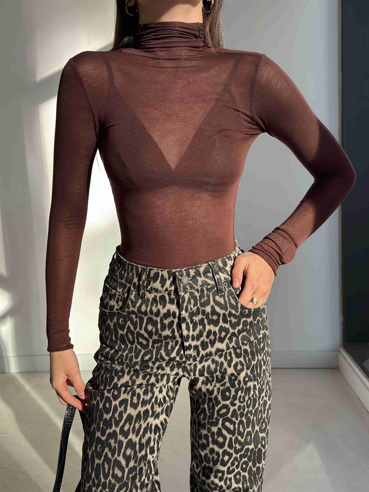 Uzun Kol Transparan Balıkçı Yaka Kahve Kadın Astarsız Bluz 26K358