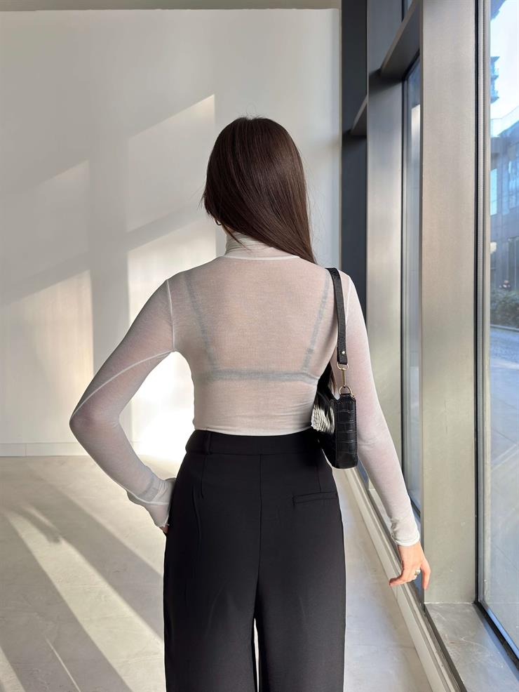 Uzun Kol Transparan Balıkçı Yaka Ekru Kadın Astarsız Bluz 26K358