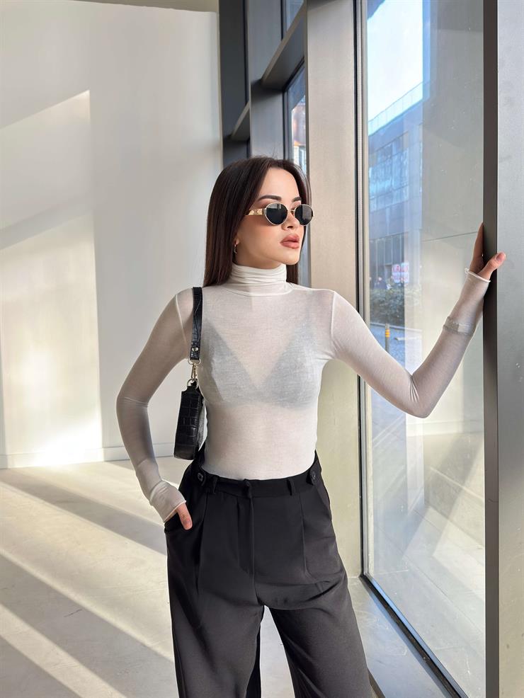 Uzun Kol Transparan Balıkçı Yaka Ekru Kadın Astarsız Bluz 26K358