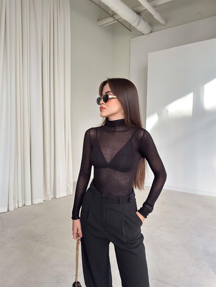 Uzun Kol Transparan Balıkçı Yaka Siyah Kadın Astarsız Bluz 26K358