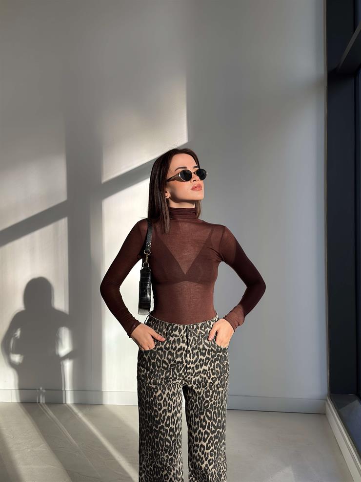 Uzun Kol Transparan Balıkçı Yaka Kahve Kadın Astarsız Bluz 26K358