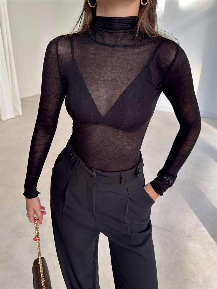 Uzun Kol Transparan Balıkçı Yaka Siyah Kadın Astarsız Bluz 26K358