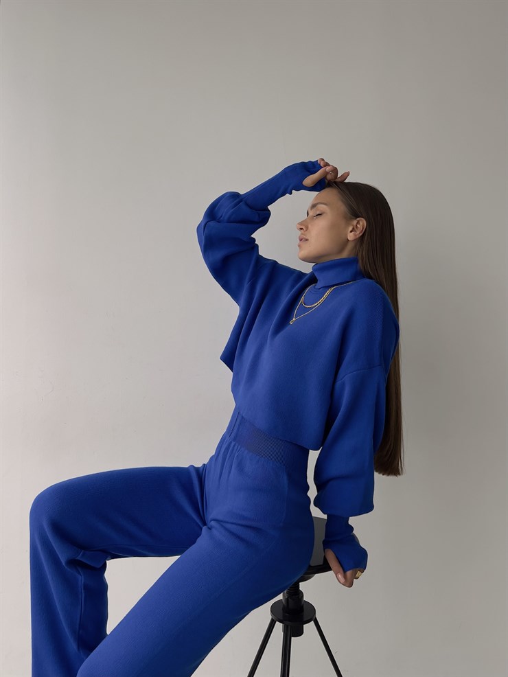 Balıkçı Yaka Üst Geniş Paça Alt London Kadın Saks Triko Takım 22K000266