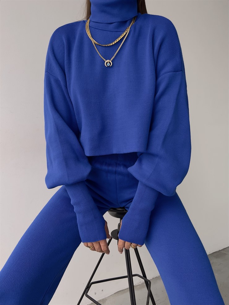 Balıkçı Yaka Üst Geniş Paça Alt London Kadın Saks Triko Takım 22K000266