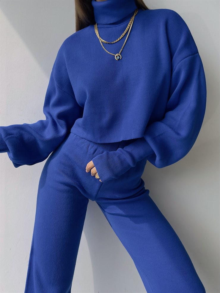 Balıkçı Yaka Üst Geniş Paça Alt London Kadın Saks Triko Takım 22K000266