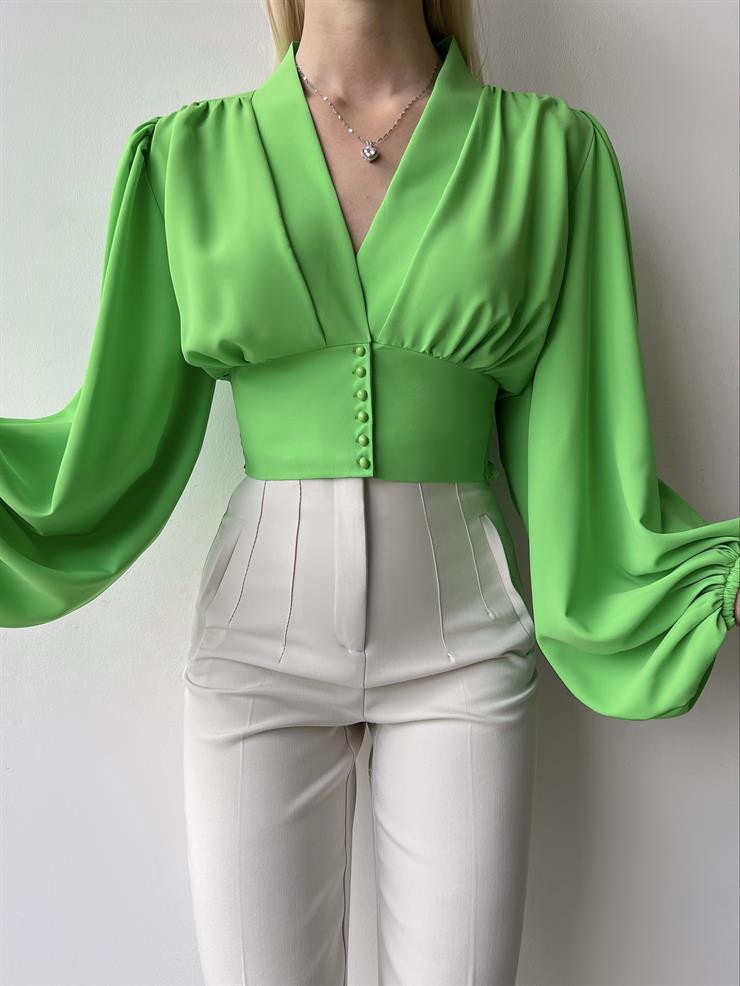 Balon Kol Önden Düğmeli V Yaka Kadın Fıstık Yeşili Crop Bluz 21Y000527