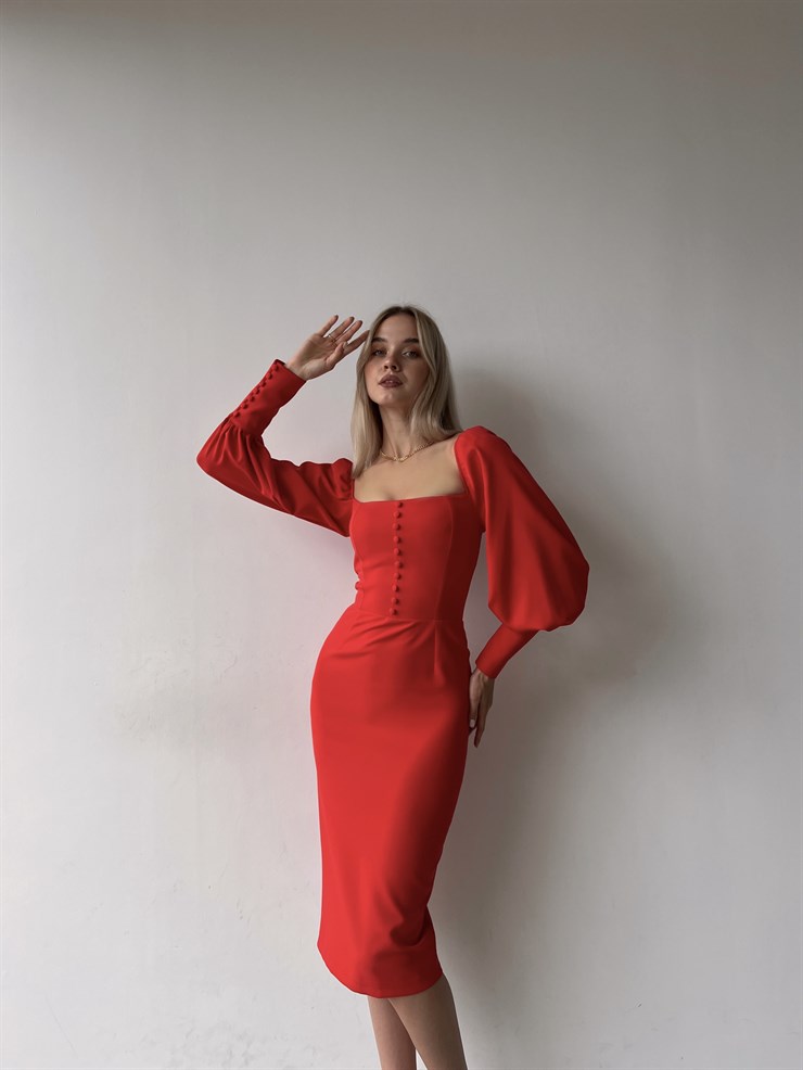 Balon Kol Düğme Detaylı Midi Boy Kadın Kırmızı Kalem Elbise 22Y000008