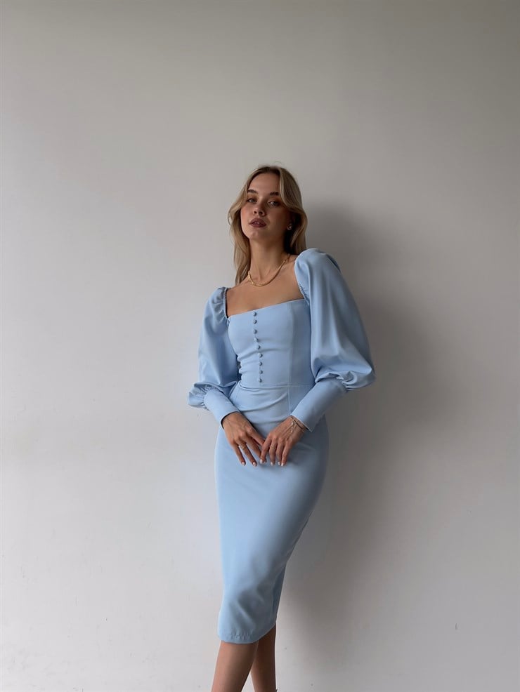 Balon Kol Düğme Detaylı Midi Boy Kadın Mavi Kalem Elbise 22Y000008