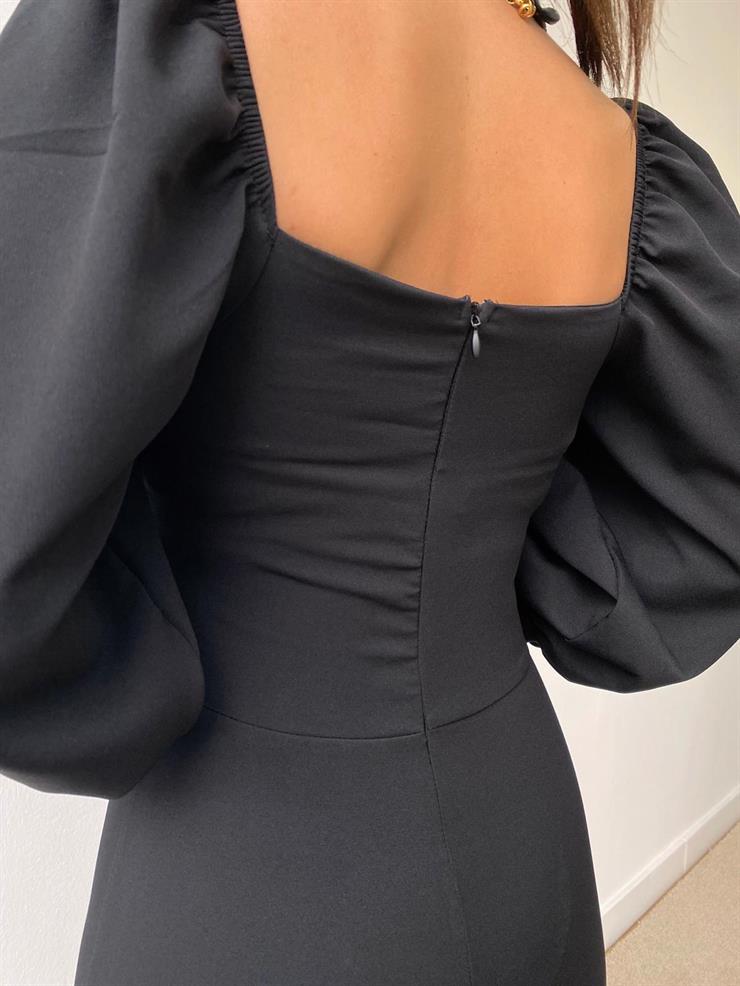 Balon Kol Düğme Detaylı Midi Boy Kadın Siyah Kalem Elbise 22Y000008