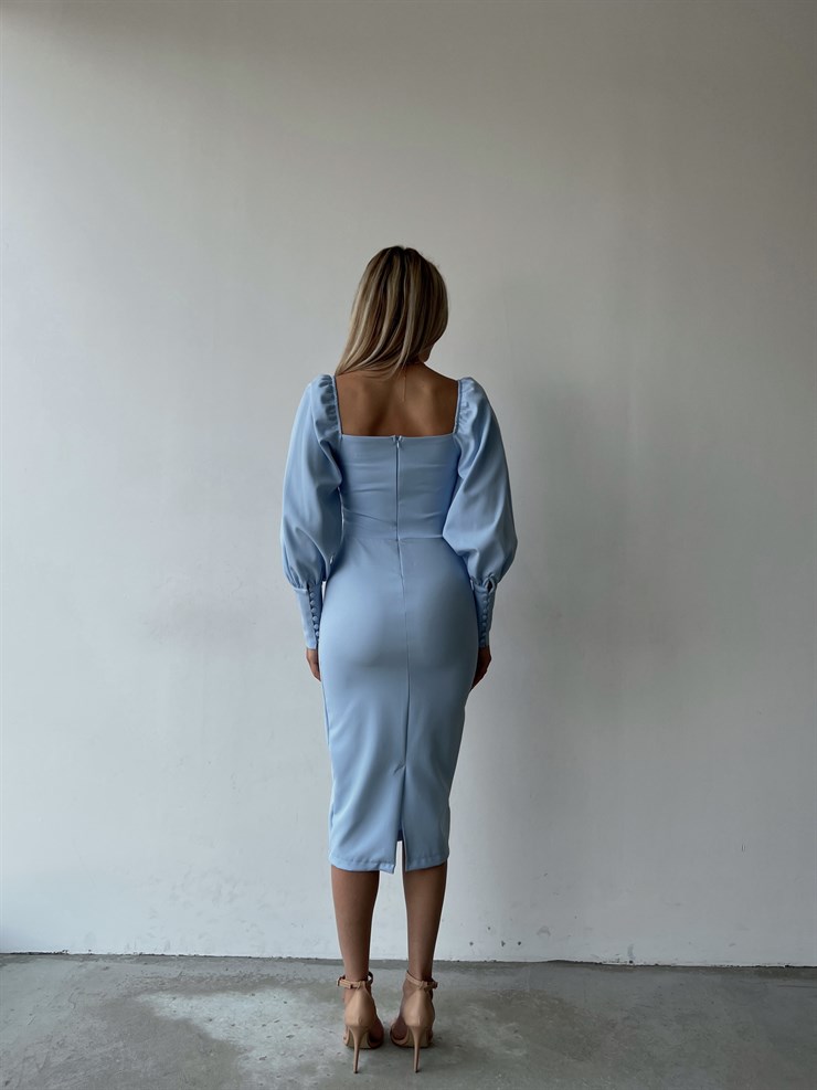 Balon Kol Düğme Detaylı Midi Boy Kadın Mavi Kalem Elbise 22Y000008