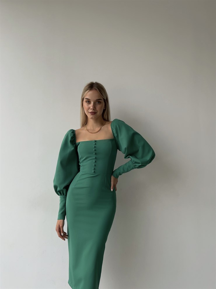 Balon Kol Düğme Detaylı Midi Boy Kadın Yeşil Kalem Elbise 22Y000008
